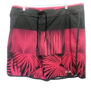 Oakley Board Shorts Men Size 36 Black Pink Palm Leaf Print Performance Fit Beach